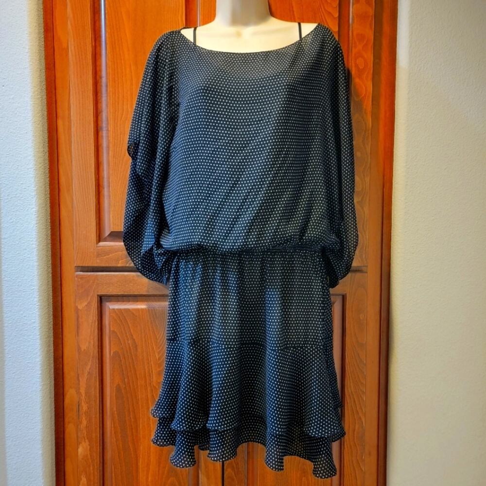 Max Studio Black and White Butterfly Polkadot Blouson Dress Size Large